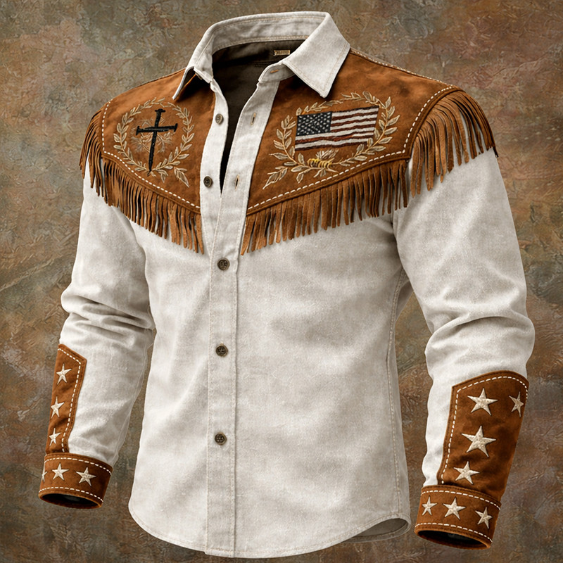 Faith Cross Graphic Christian Button Up Long Sleeve Shirt American Flag Logo Clothing