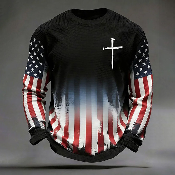 Faith Cross Graphic Long Sleeve Shirt American Flag Apparel Christian Gift For Husband