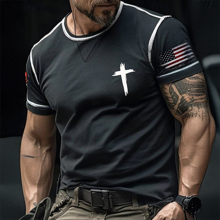 Faith Cross Graphic T-Shirt American Flag Faith Based Clothes Best Gift For Husband