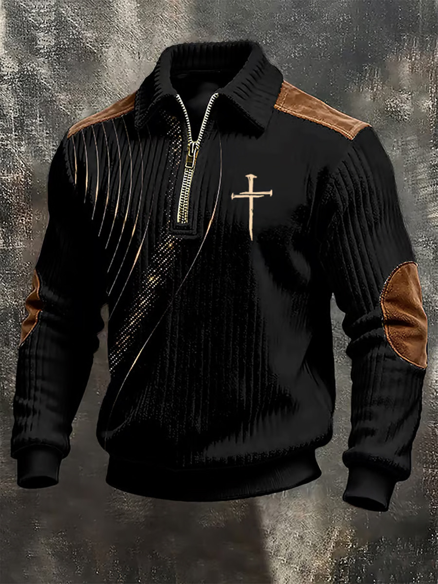 Faith Cross Graphic Zip Polo Long Sleeve Shirt Faith Based Apparel Good Gift For Him