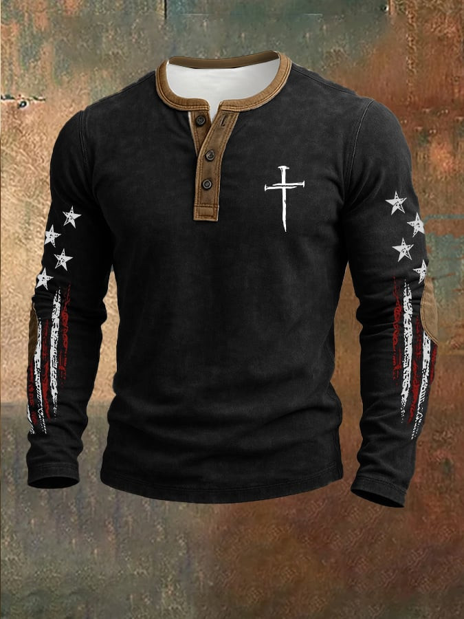 Faith Cross Henley Shirt American Flag Patriotic Men's Clothing Best Gifts For Dad