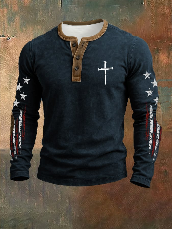 Faith Cross Henley Shirt USA Flag American Patriot Clothing Gifts For Husband