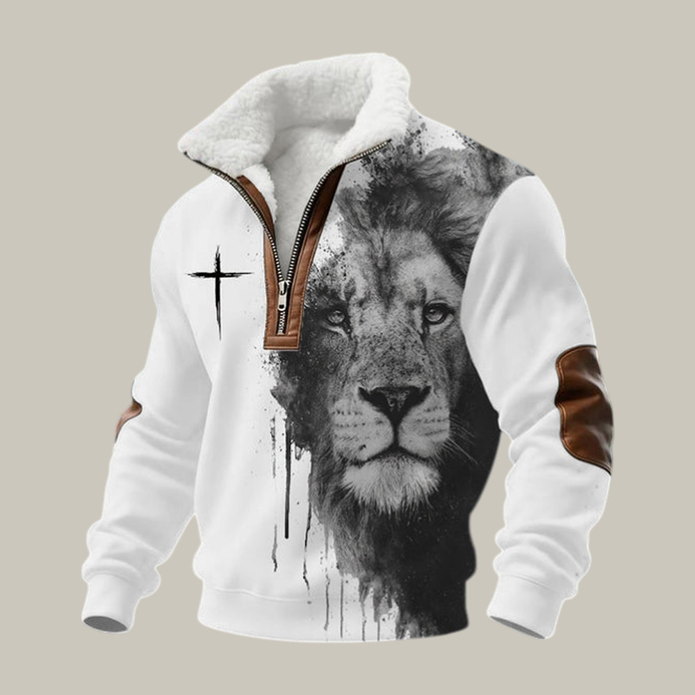 Faith Cross Lion Graphic Stand Up Collar Sweater Faith Over Fear Apparel Present Idea For Father's Day