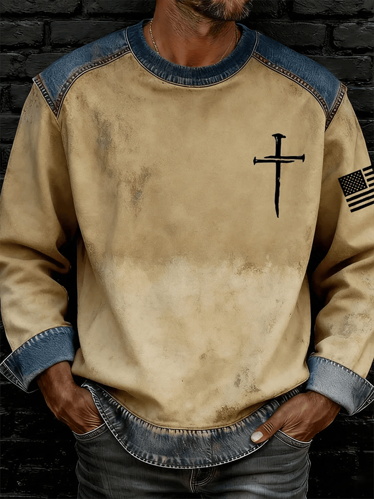 Faith Cross Printed Denim Patchwork Sweatshirt God's Guidance Best Gift For Men