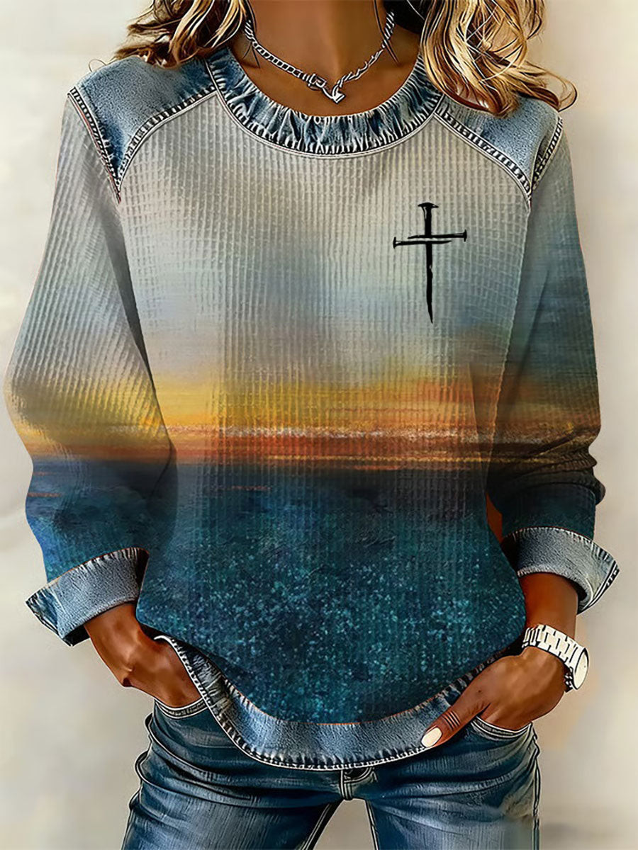 Faith Cross Sunset Long Sleeve Shirt Religious Christian Faith Clothing Gift For Her