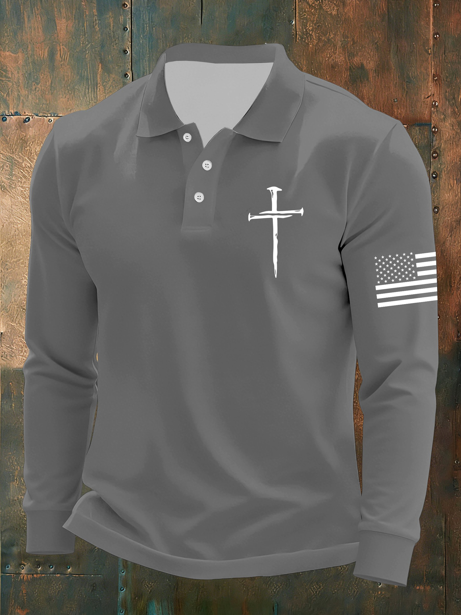 Faith Cross USA Flag Long Sleeve Polo Shirt Men 4Th Of July Apparel Gifts For Patriots
