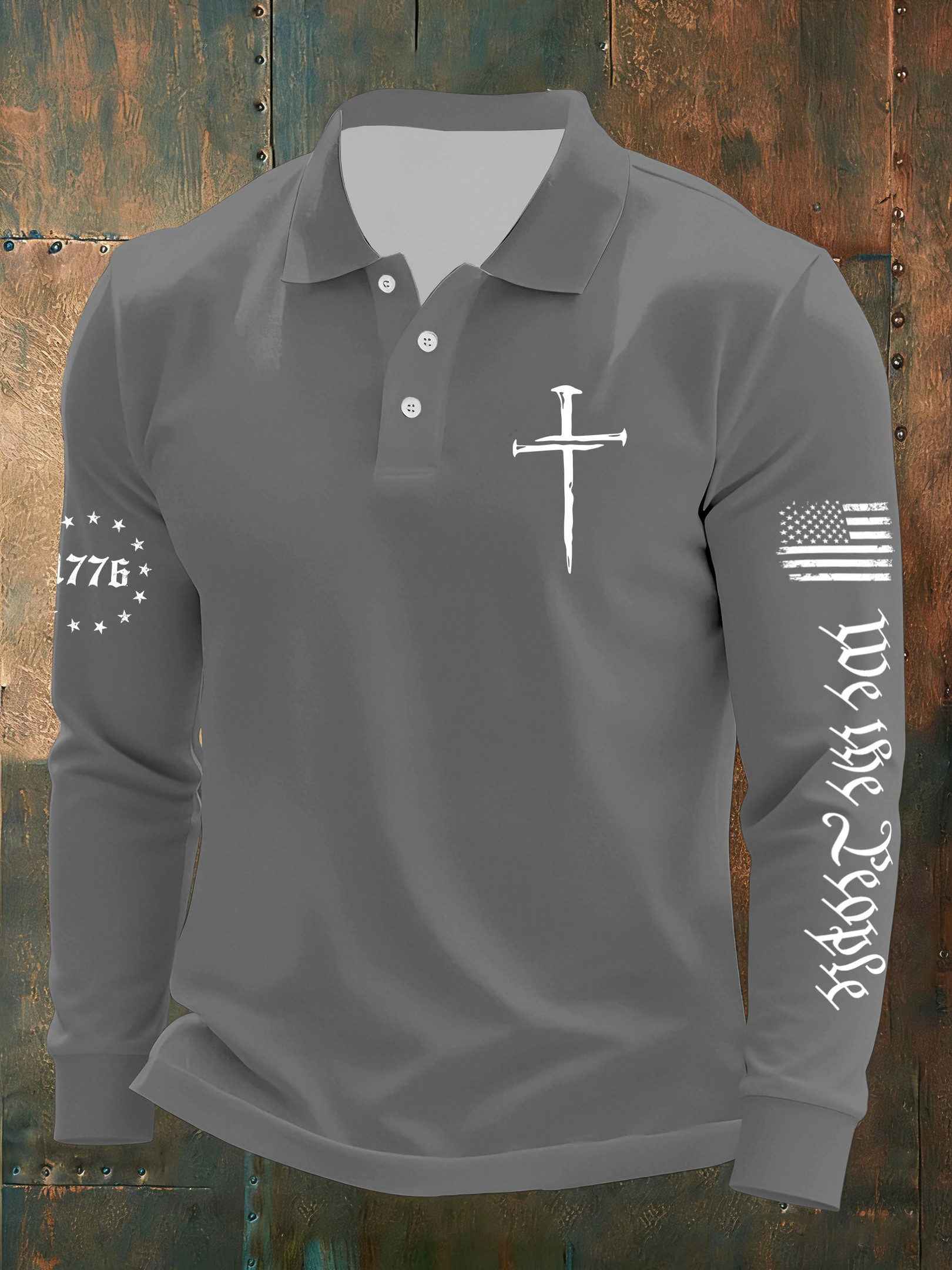 Faith Cross USA Flag Long Sleeve Polo Shirt USA 250th Anniversary We The People Apparel Gifts Faith Cross USA Flag Long Sleeve Polo Shirt USA 250th Anniversary We The People Apparel Gifts