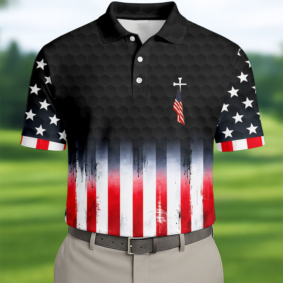 Faith Cross USA Flag Patriotic Golf Polo Shirt Mens Polo Shirts Top Gifts For Golfers