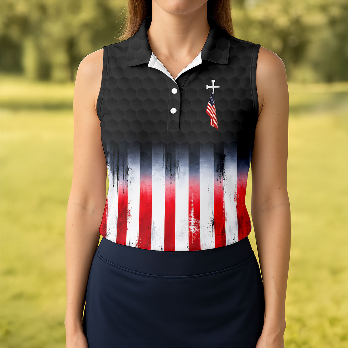 Faith Cross USA Flag Patriotic Sleeveless Polo Shirt Ladies Golf Attire Golf Gifts For Women