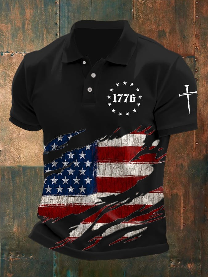 Faith Cross USA Flag Polo Shirt Men's Patriotic Clothing Gifts For Husband