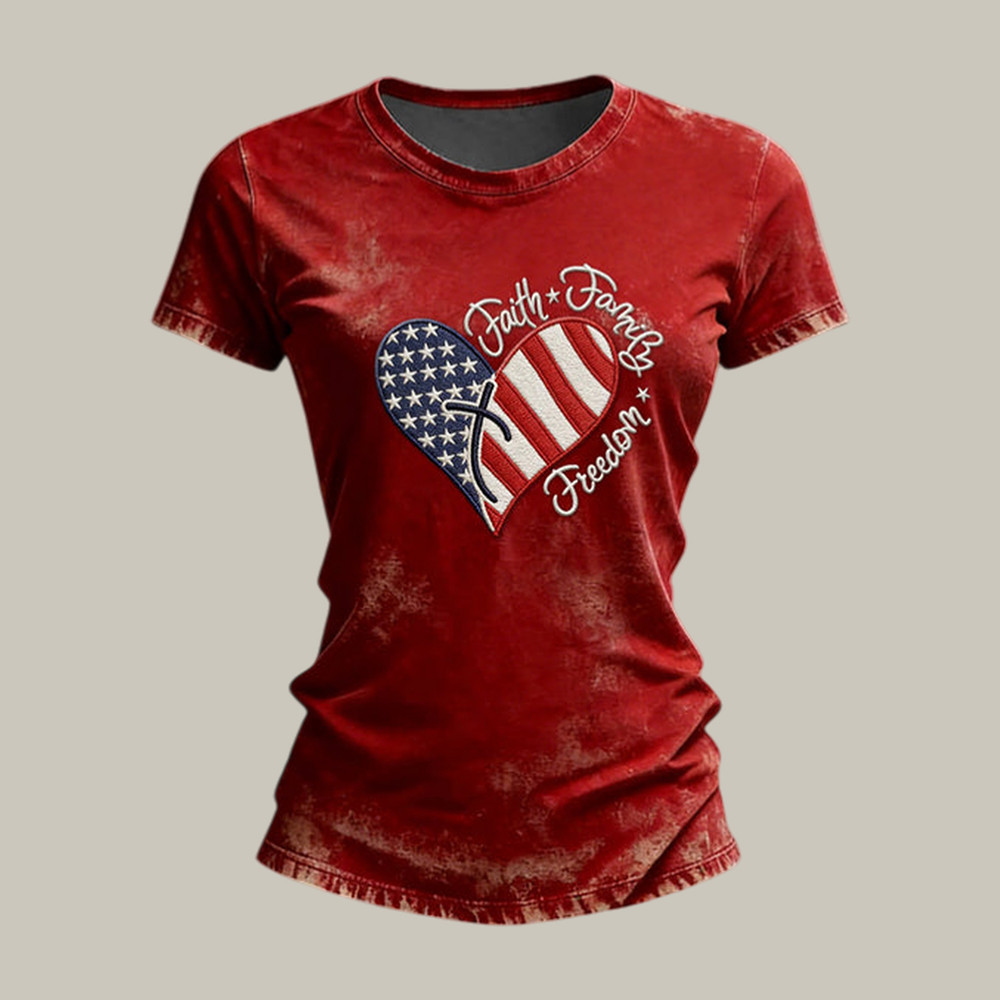 Faith Family Freedom American Flag Hearted Shape T-Shirt Faith Based Clothes Gift For Wife