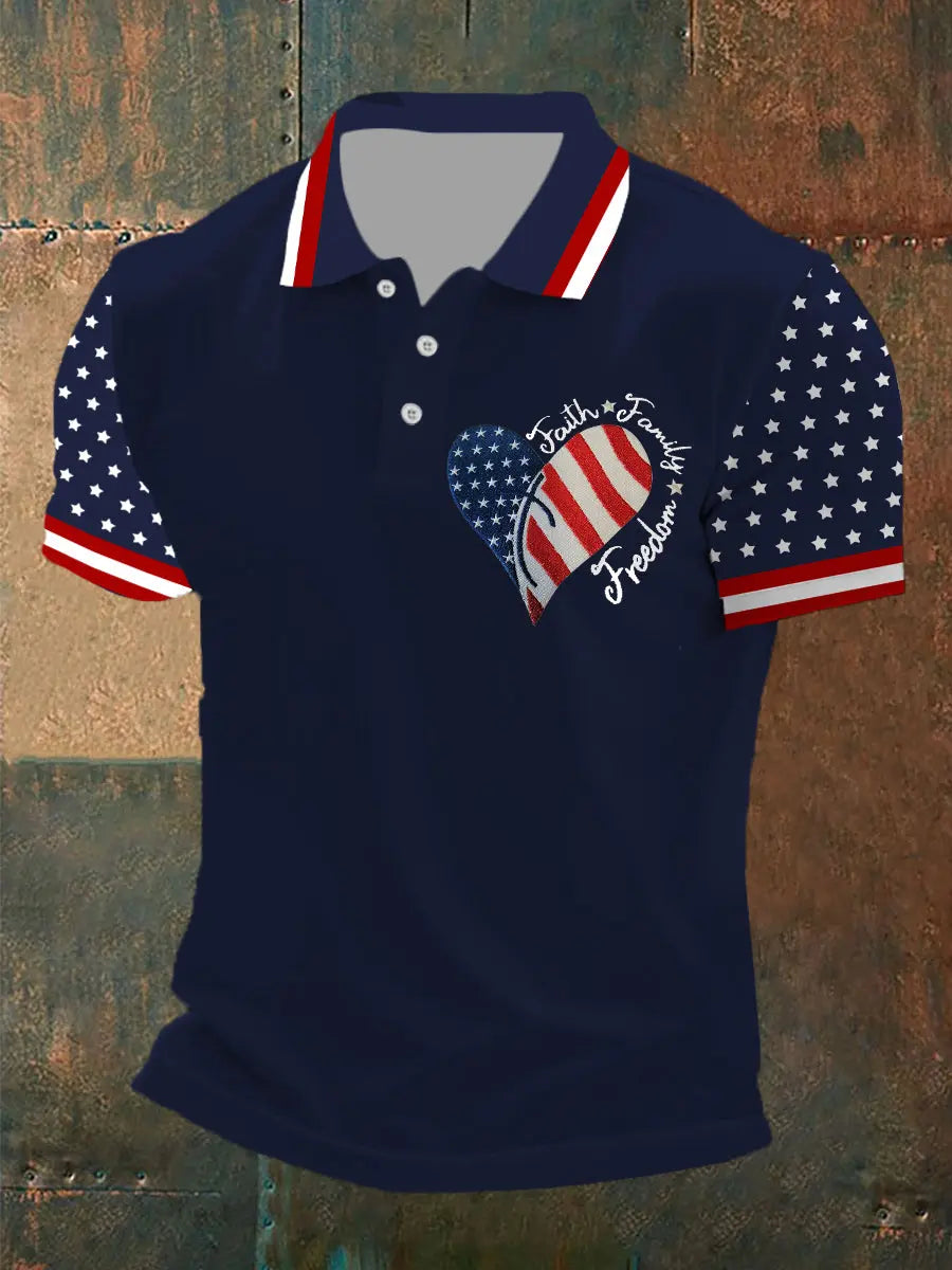 Faith Family Freedom Flag Print Men's Polo Shirt Patriotic Gift for Independence Day