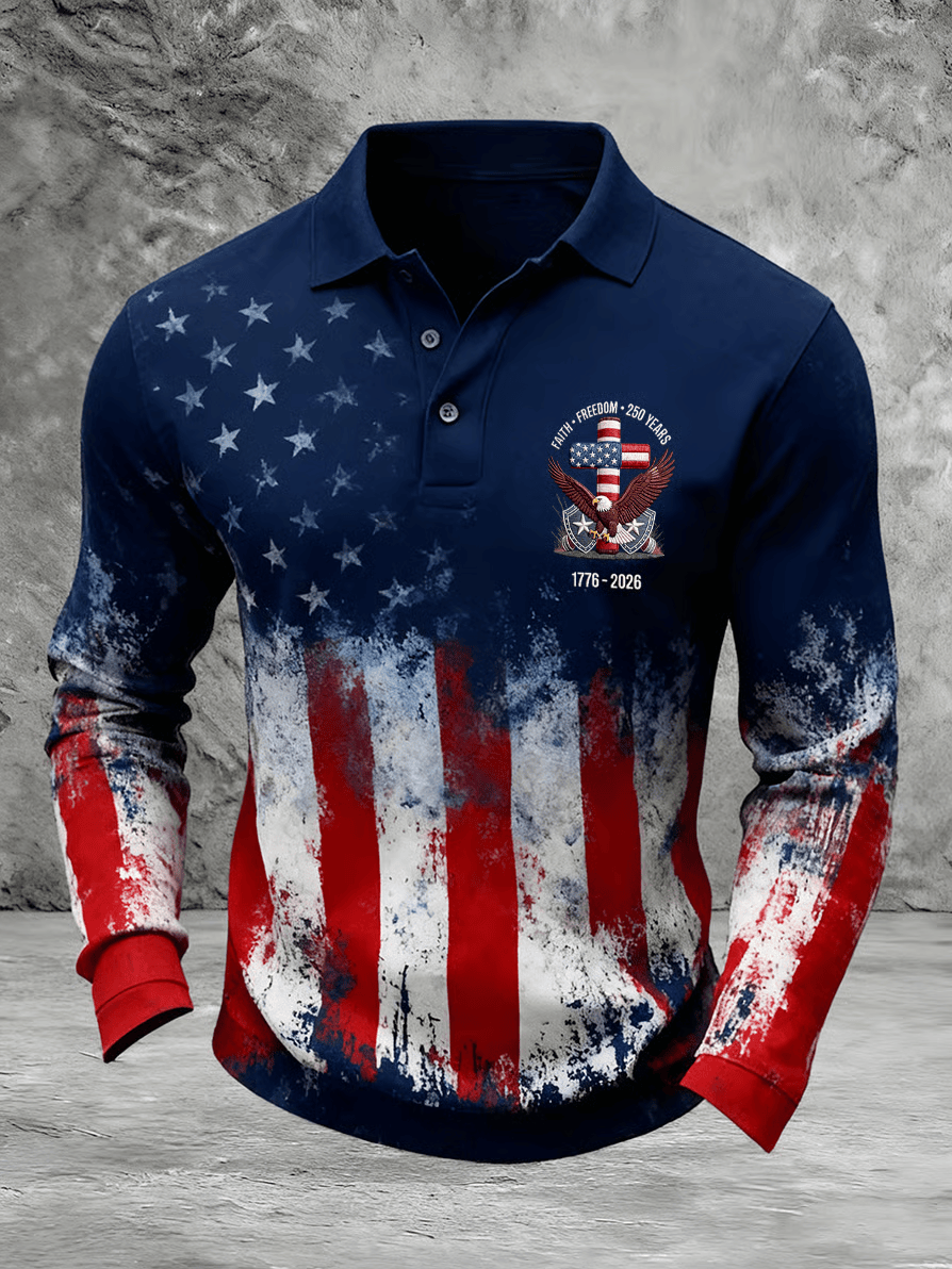 Faith Freedom 250 Years Long Sleeve Polo Shirts Patriotic Golf Shirts Gifts For 4Th Of July