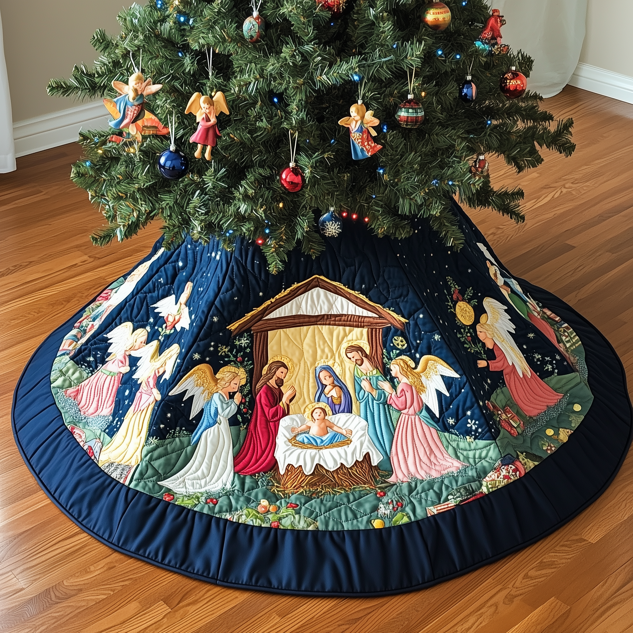 Faith God Quilted Tree Skirt Festive Living Room Merch