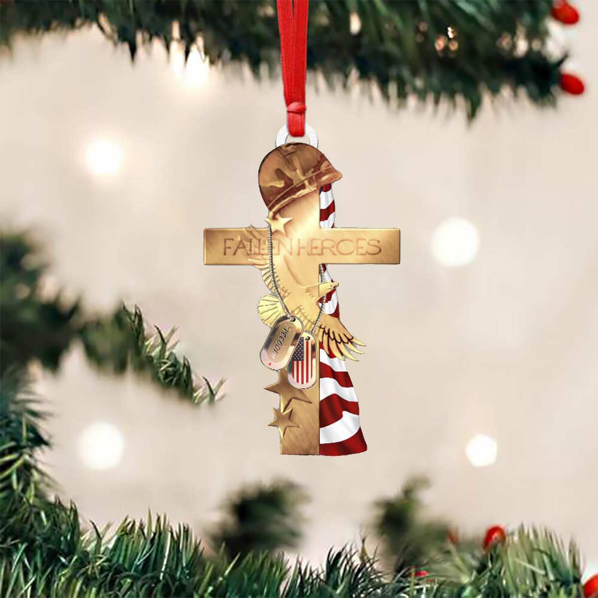 Faith Heroes Veteran Christian Cross Ornament USA Flag Dog Tag Veteran Patriotic Ornament