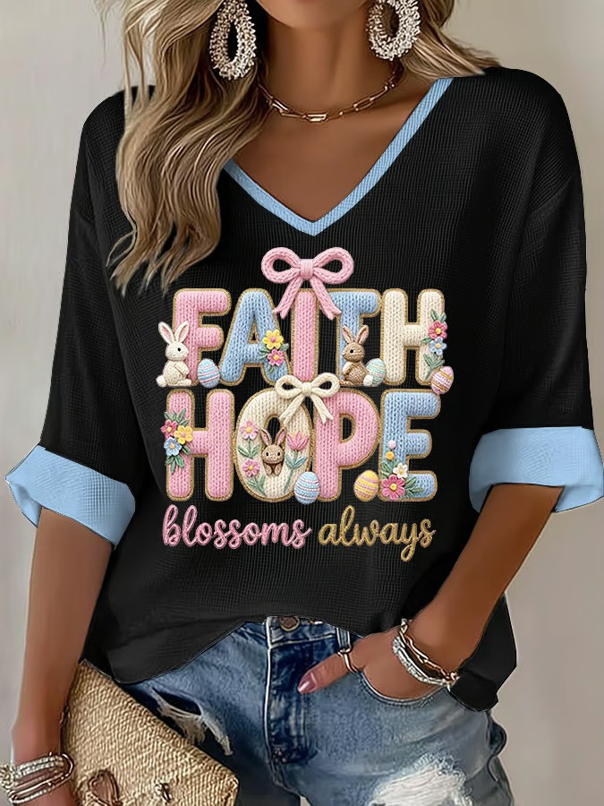 Faith Hope Blossoms Always Easter V-Neck Long Sleeve Shirt Bunny Bow Christian Fan Tee Best Gift For Easter Fans