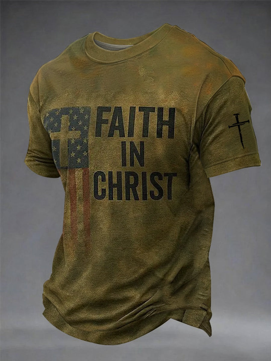Faith In Christ Patriotic Cross T Shirt Vintage Christian USA Tee Gift For Husband