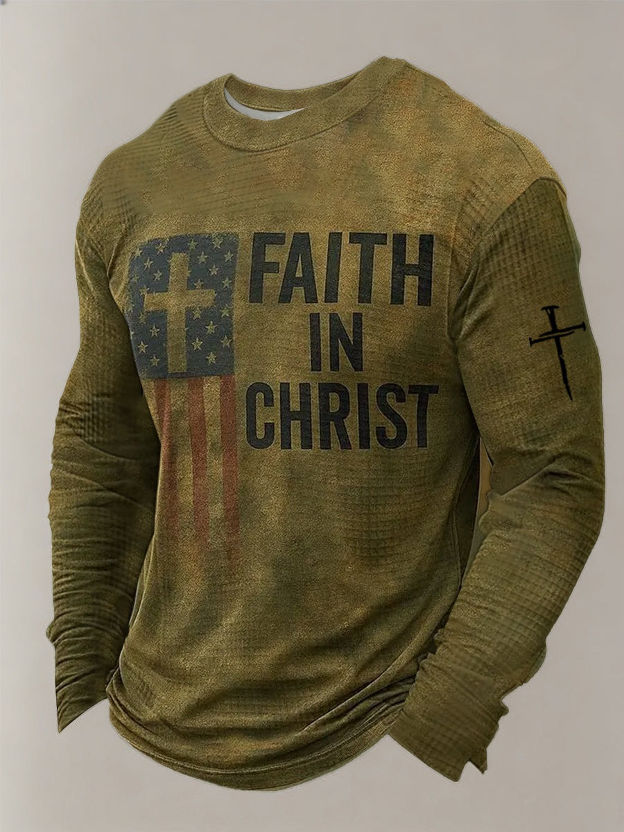 Faith In Christ Patriotic Cross Waffle Long Sleeve Shirt Vintage Christian USA Apparel Husband Gift