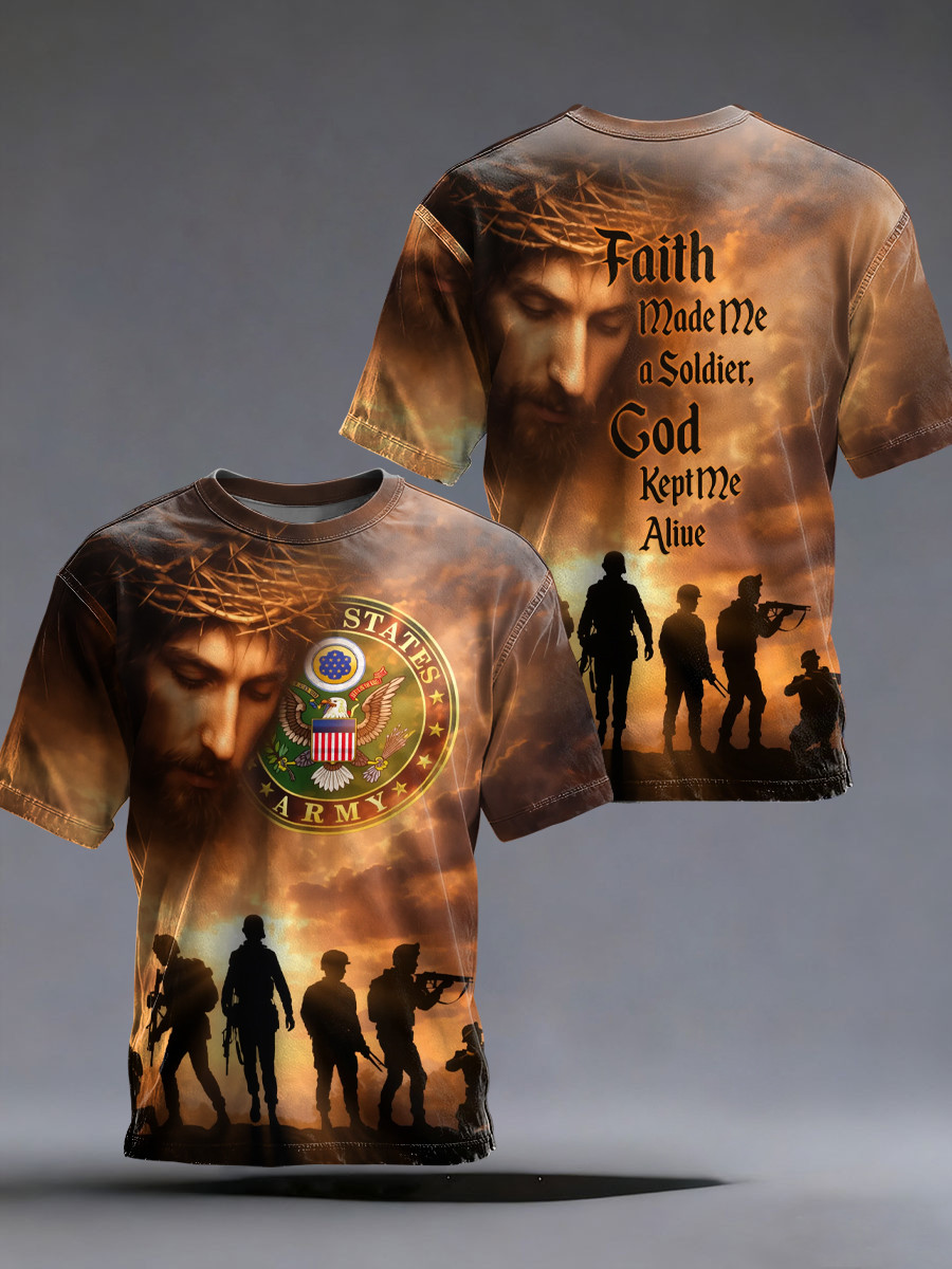Faith Made Me A Soldier God Kept Me Alive T-Shirt US Army Veteran Clothing Gift Ideas