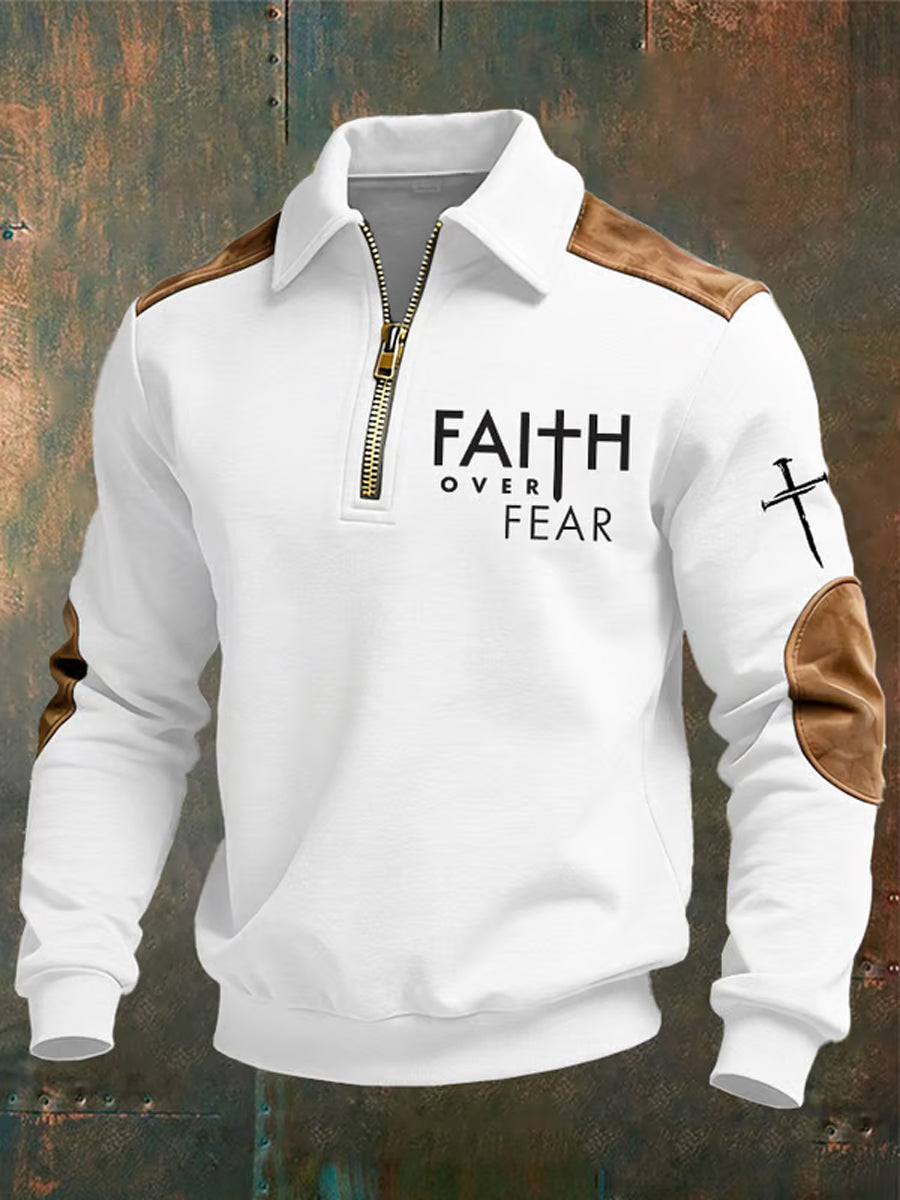 Faith Over Fear Christian Zip Polo Sweatshirt Cross Patch Pullover Gift For Him