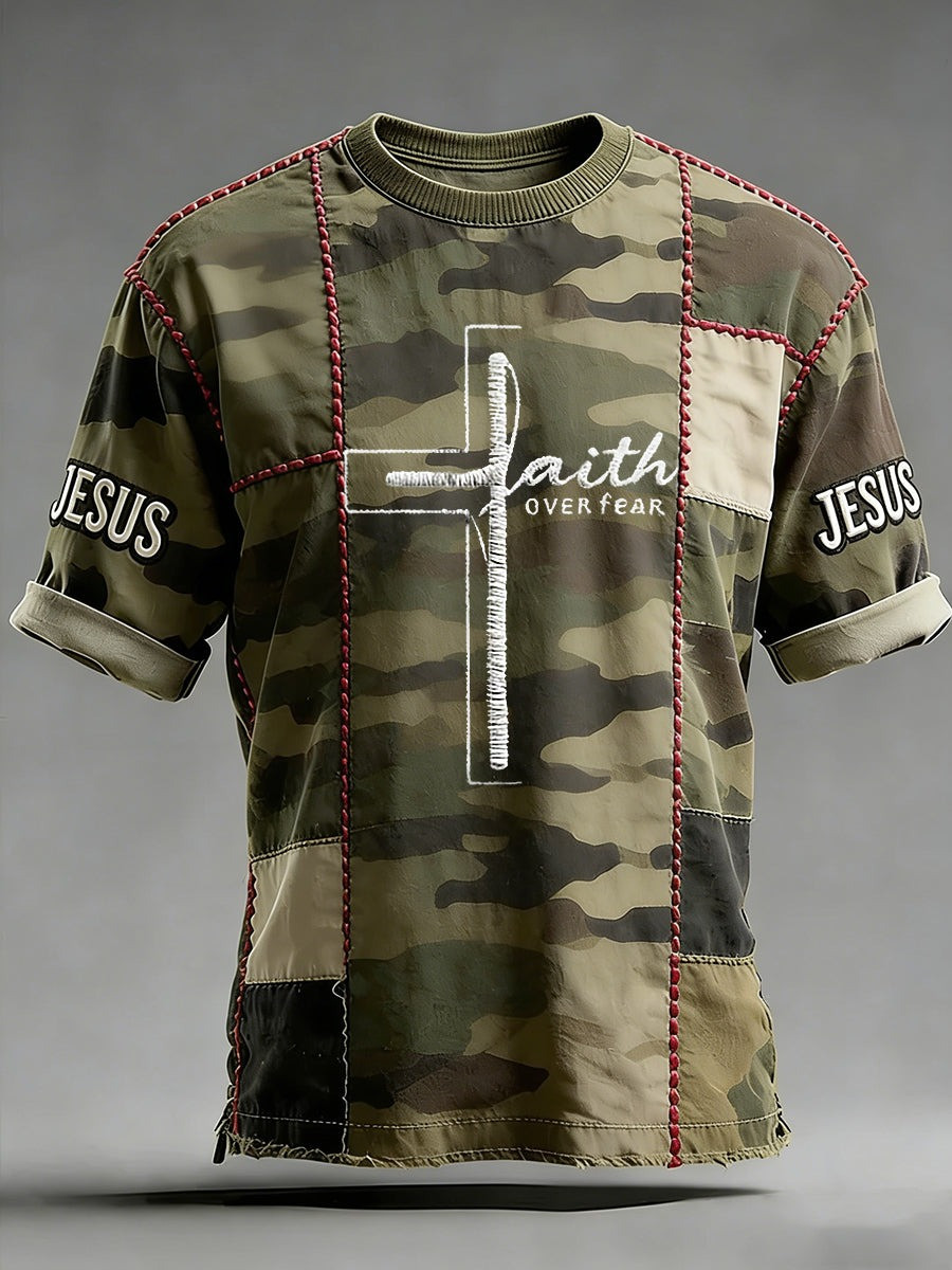 Faith Over Fear Cross Camo Christian T-Shirt Religious Streetwear Clothing Gift For Him