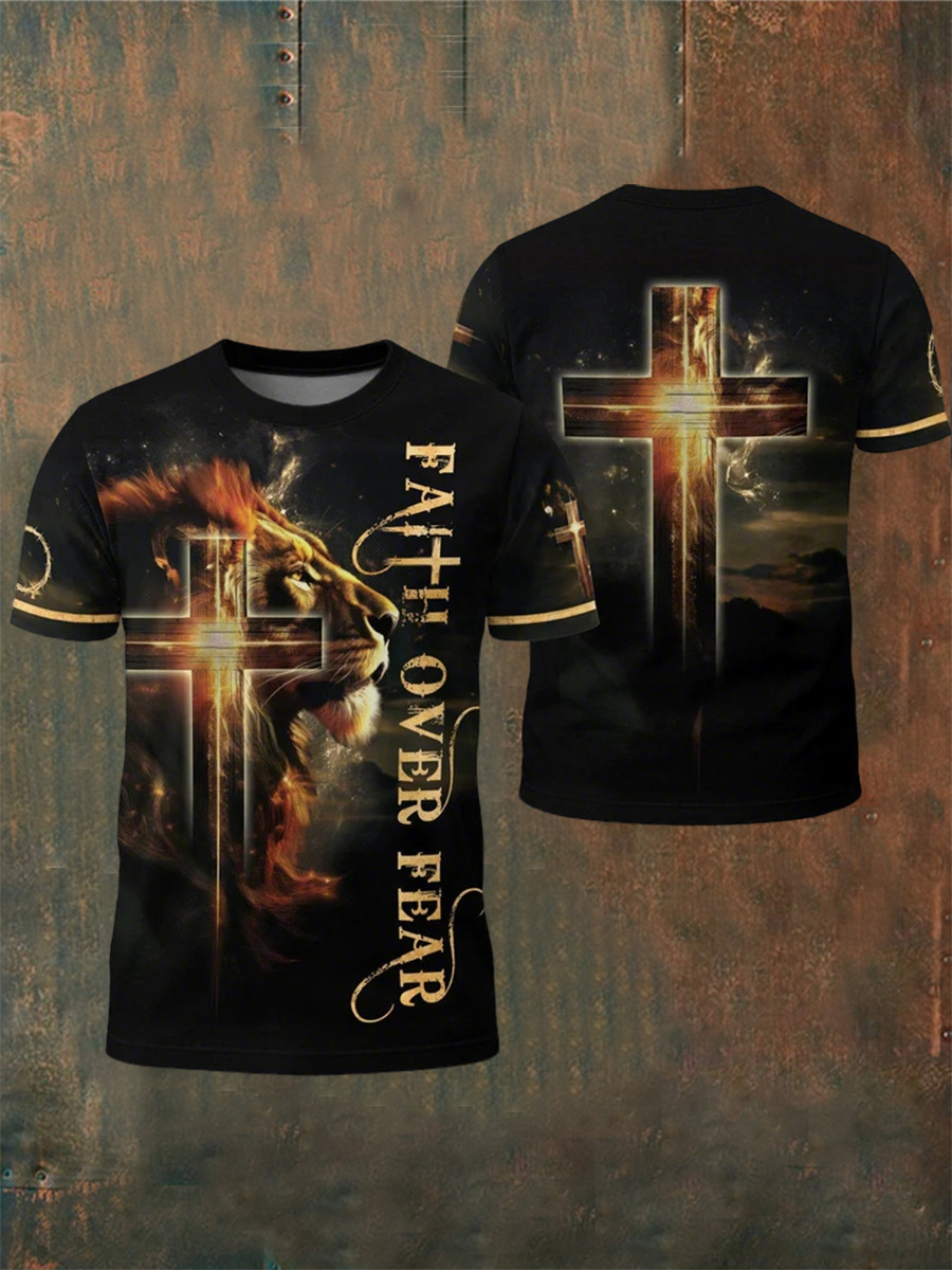 Faith Over Fear Cross Lion T-Shirt Bible Verse Cross Clothing Gift For Him