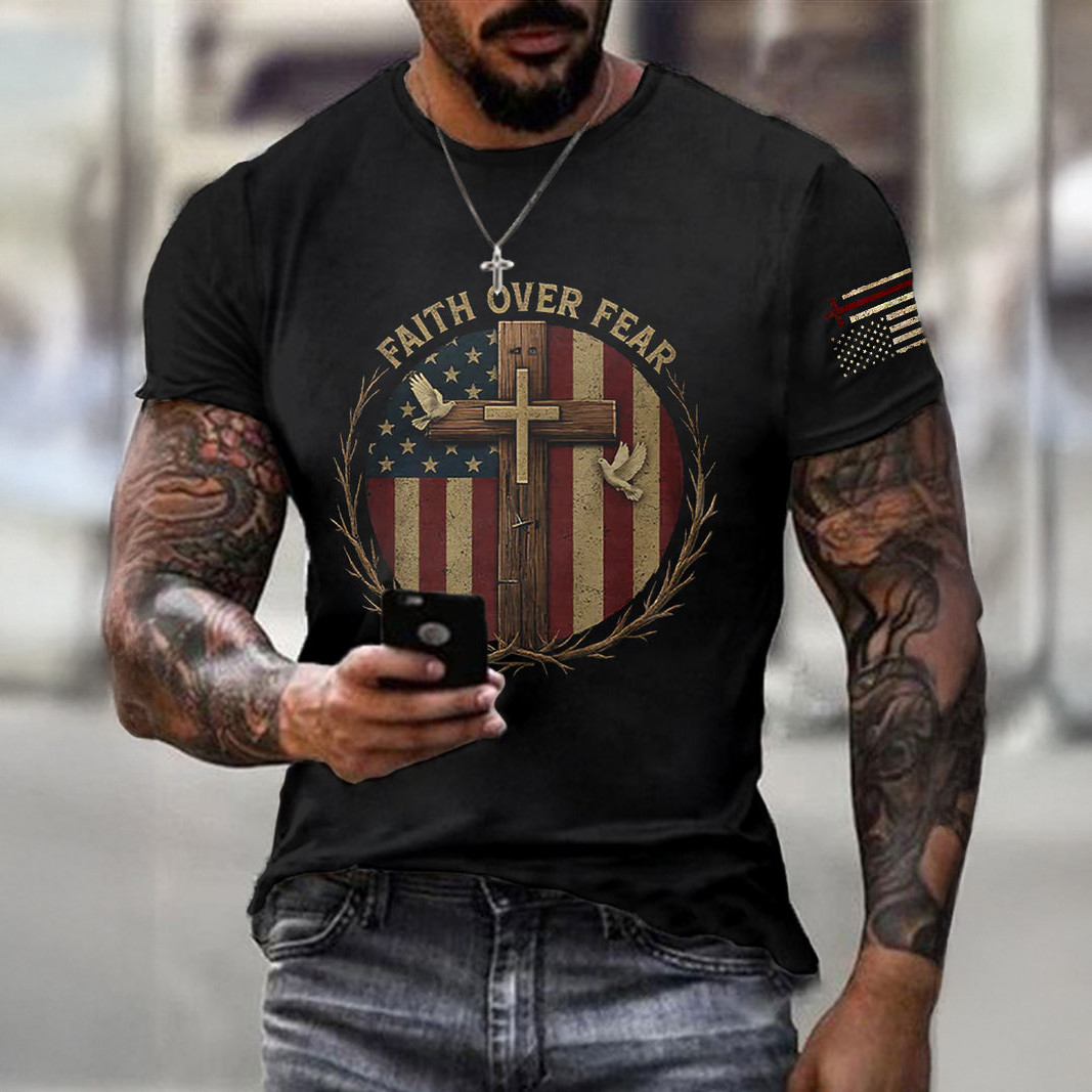 Faith Over Fear Holy Cross T-Shirt American Flag Faith In Jesus Clothes Present Idea For Father's Day