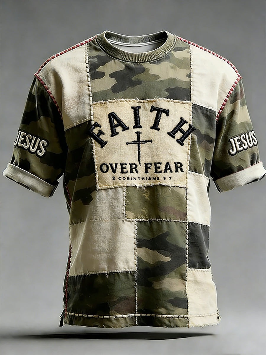 Faith Over Fear Patchwork Jesus Christian T-Shirt Vintage Style Apparel Gift For Dad