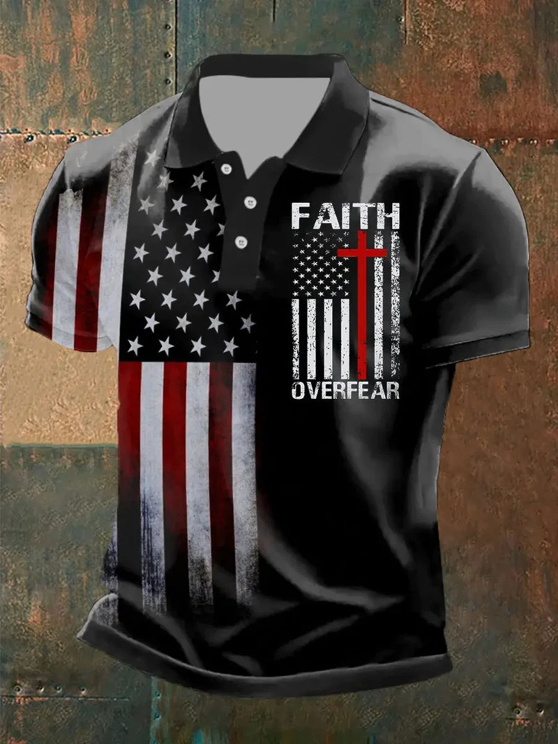 Faith Over Fear Polo Shirt American Patriotic Cross Christian Apparel Best Gift For God Believers