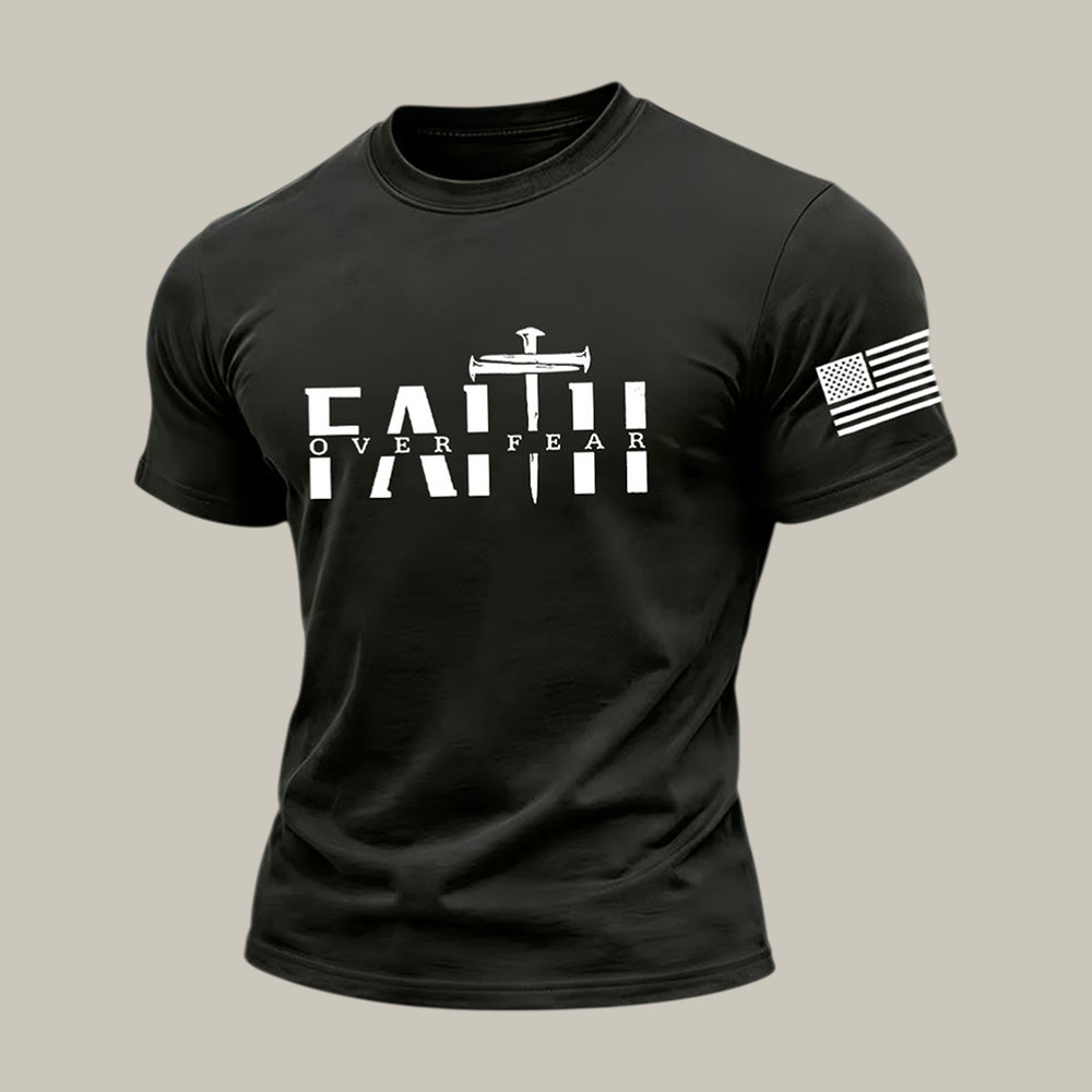 Faith Over Fear Psalm Cross T-Shirt American Flag Faith Based Shirt Christian Gift For Dad