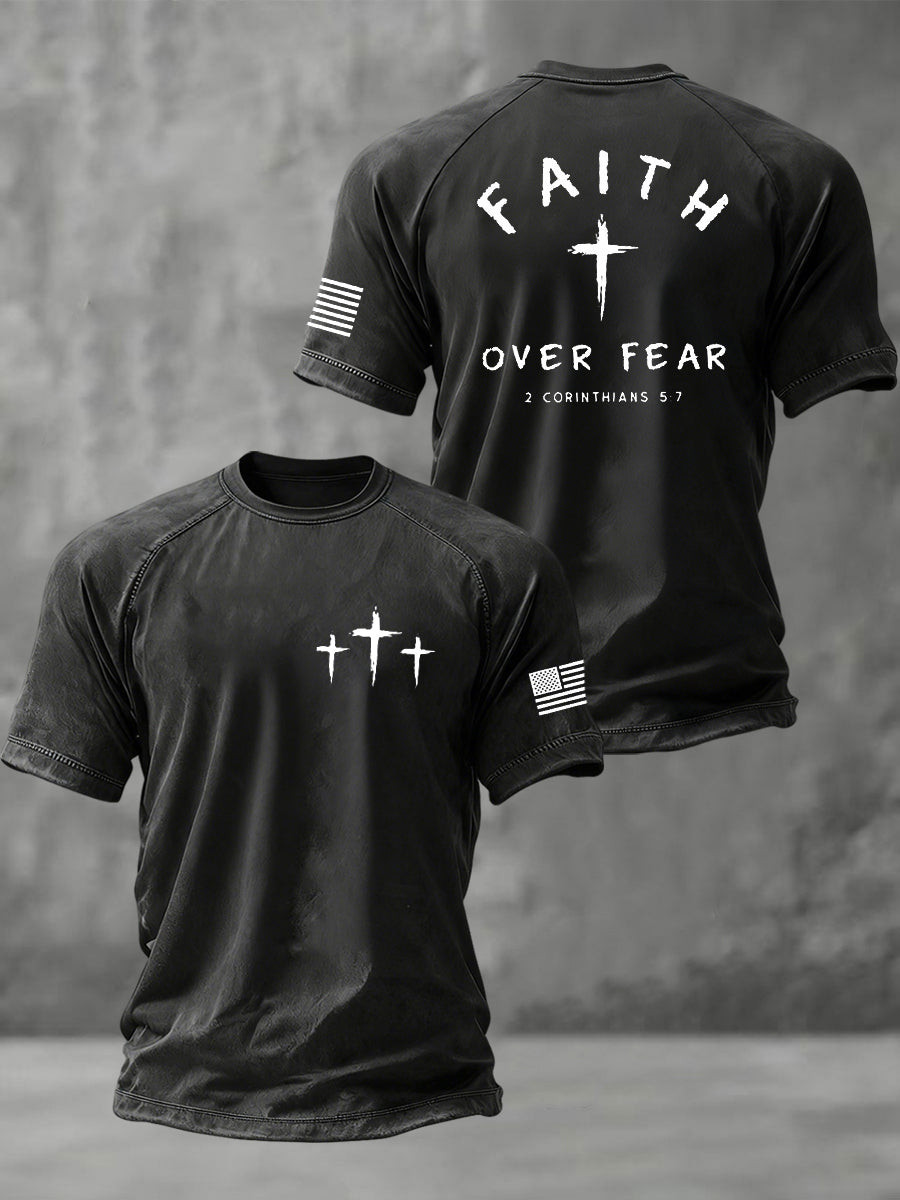 Faith Over Fear Three Cross Christian Wash T Shirt Bible Verse Back Print Tee Gift For Him