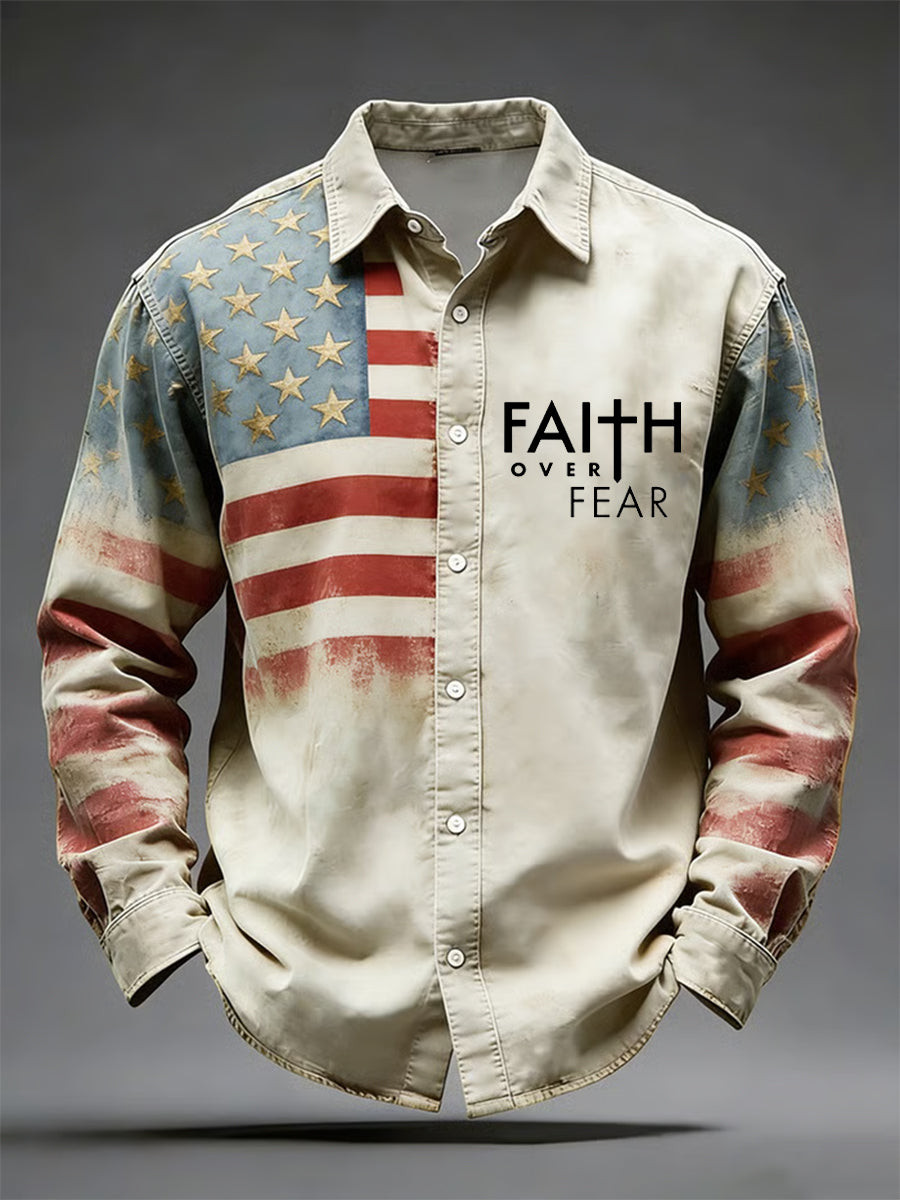 Faith Over Fear USA Flag Button Up Long Sleeve Shirt Christian Patriotic Shirt
