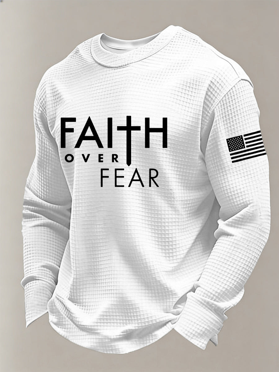 Faith Over Fear Waffle Long Sleeve Shirt USA Flag Faith Pullover Gift For Believers