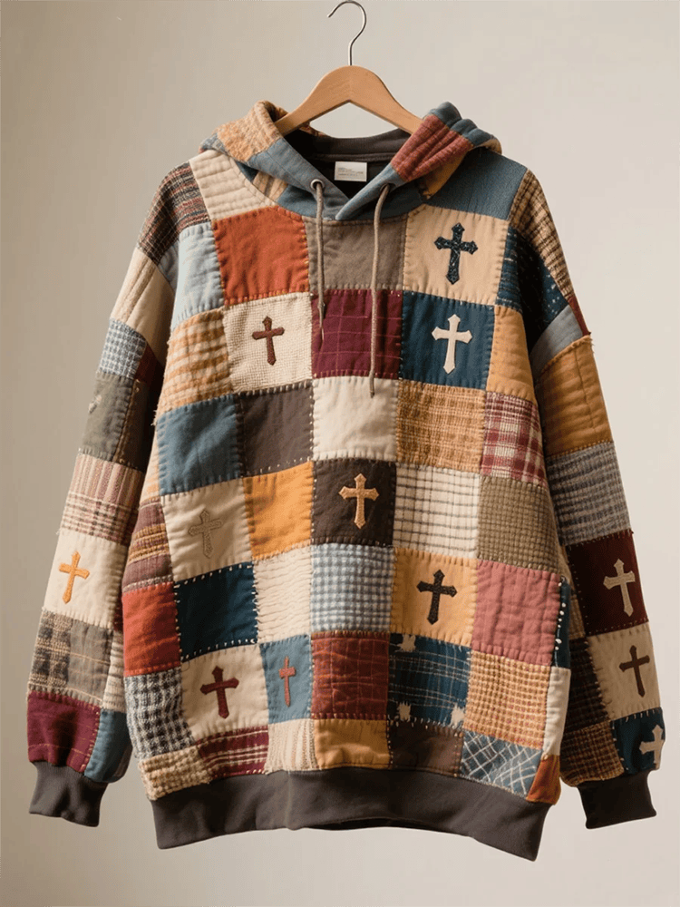 Faith Patchwork Print Drop Shoulder Hoodie Men's Christian Clothing Gift For Jesus Loves