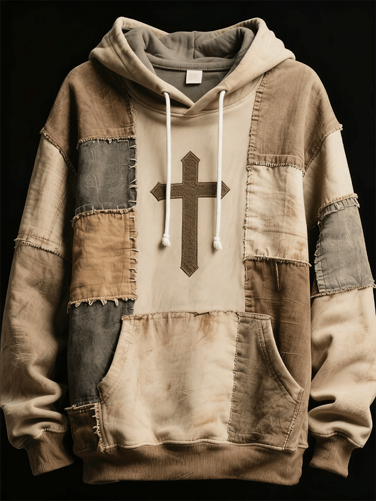 Faith Patchwork Print Oversized Drop Shoulder Hoodie Men's Christian Merch Gift Ideas