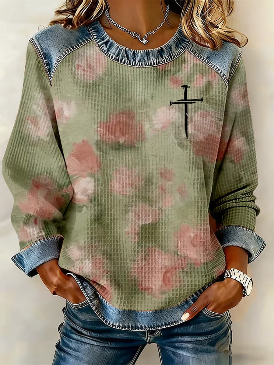 Faith Plants Flowers Waffle Long Sleeve Shirt Christian Cross Clothing Gift For Her