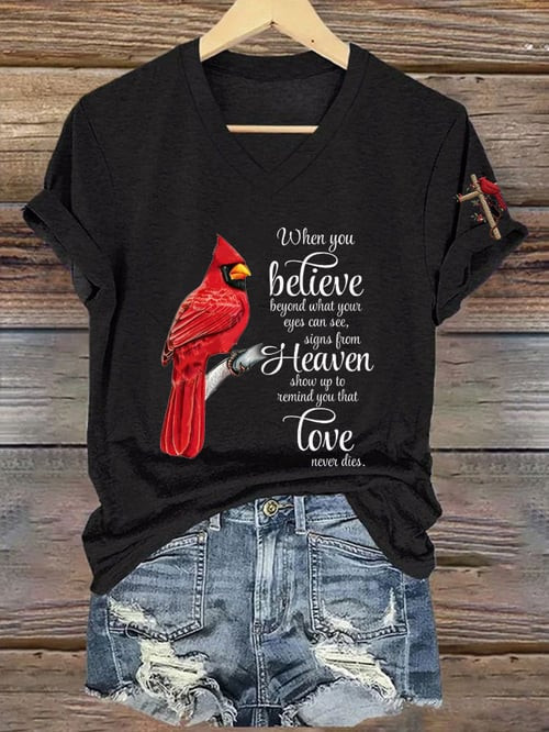 Faith Themed Graphic Cardinal Bird V-Neck Shirt Memorial Day Shirt Christian Gift Idea