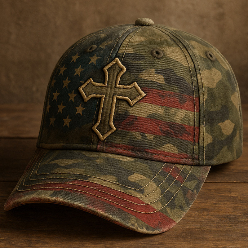 Faith Vintage American Flag Camo Hat Holy Cross American Flag Cap Gifts For Patriots