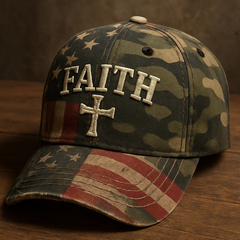 Faith Vintage American Flag Camo Hat Veteran Themed Christian Cap Gifts For Christians