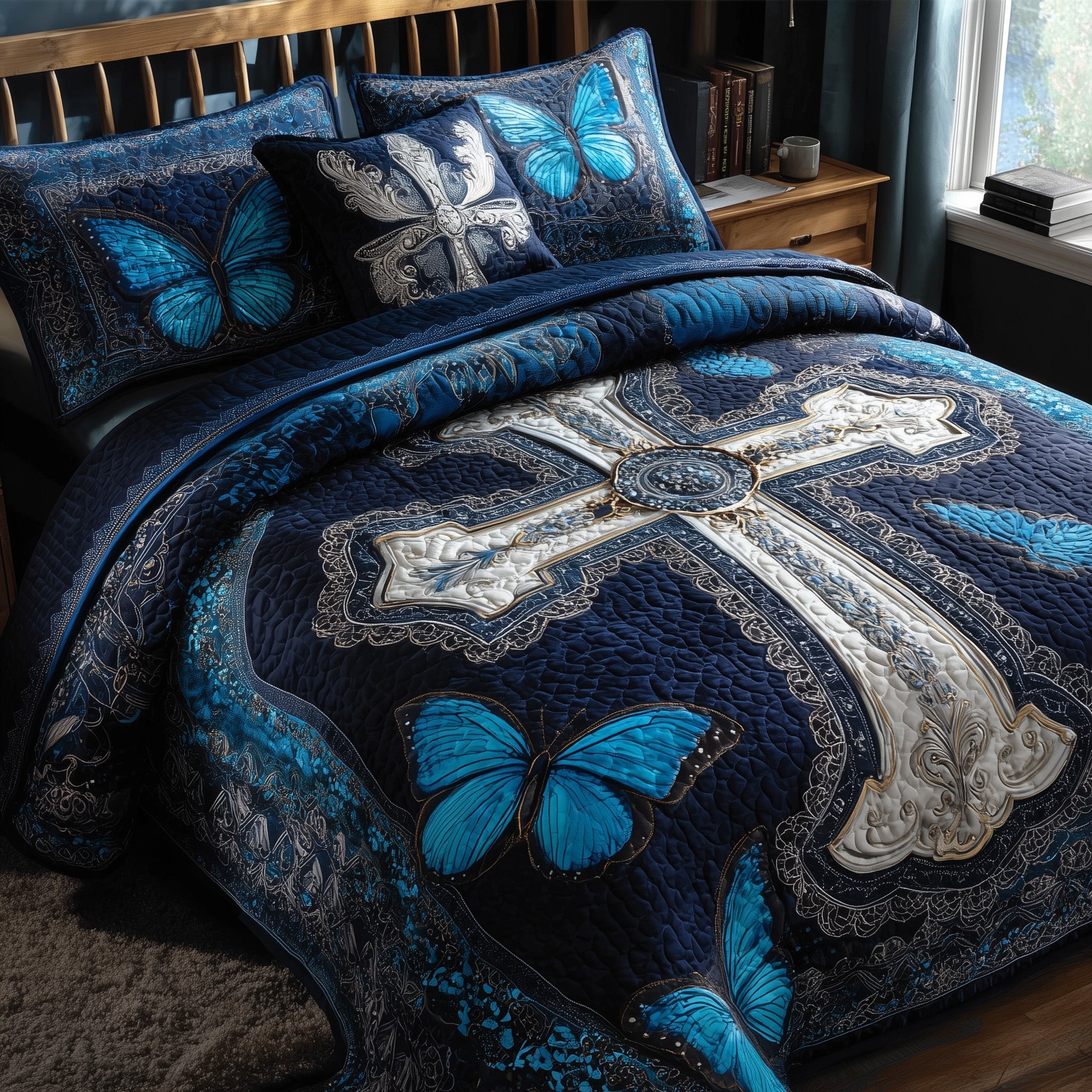 Faithful Cross Quilted Bedding Set Relaxing Sleep