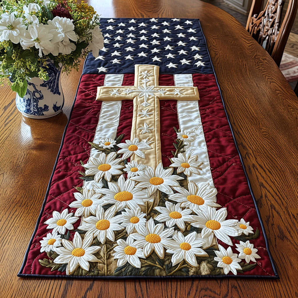 Faithful Glory Quilted Table Runner Christian Table Decor Best Patriotic Gifts