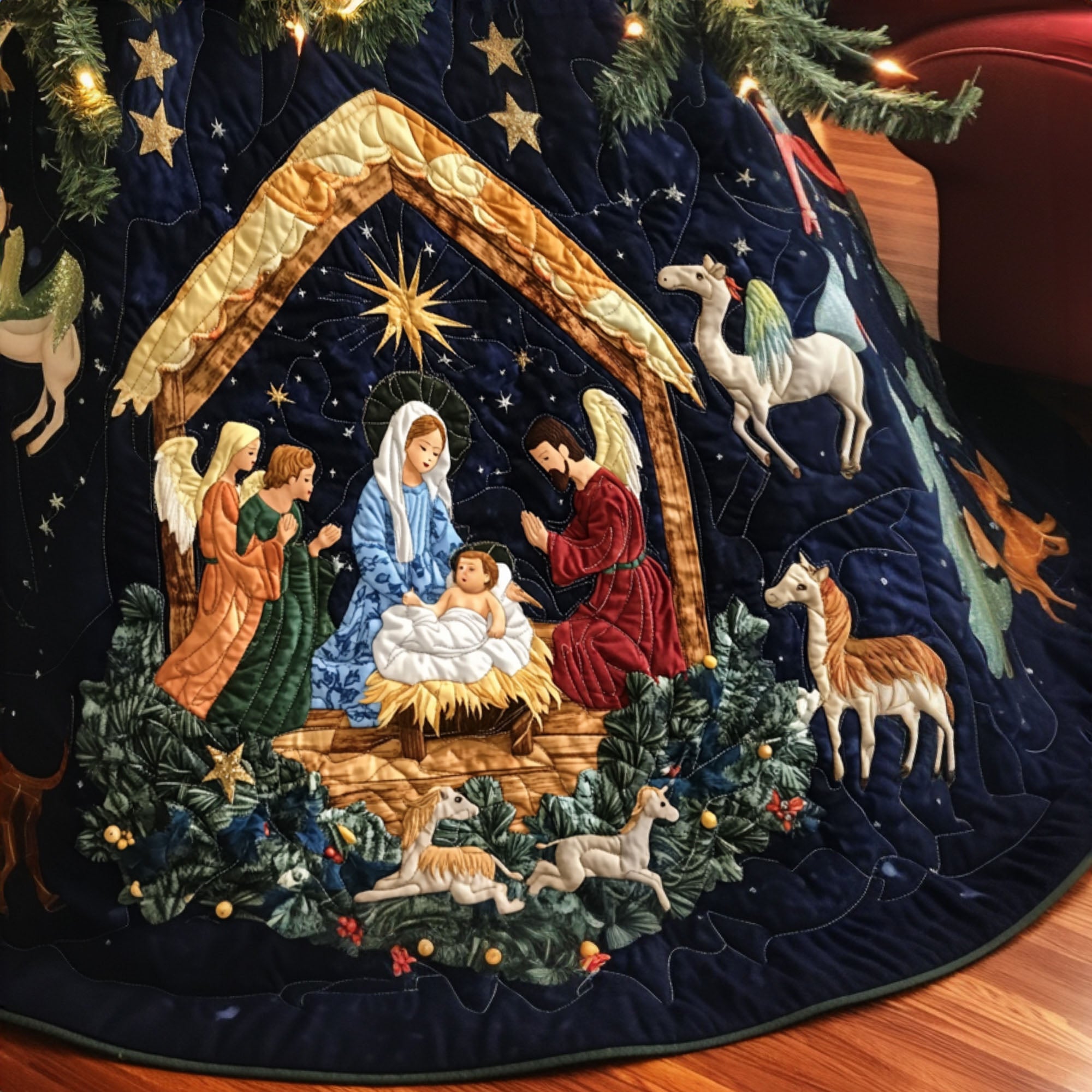 Faithful Night Quilted Christmas Tree Skirt Holiday Party Decor for Home Under-Tree Christmas Decor