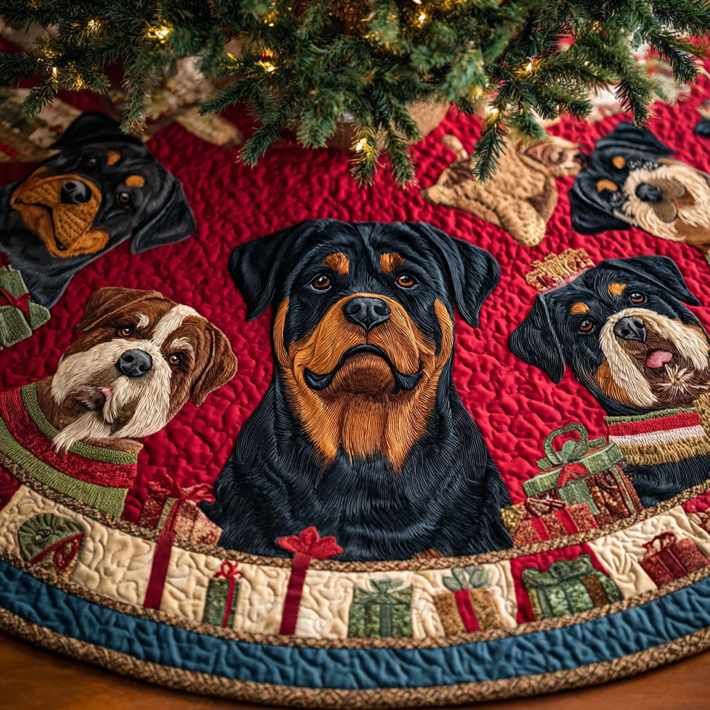 Faithful Rottweiler Christmas Quilted Tree Skirt High-Quality Quilted Tree Skirt for Holiday Home Decor