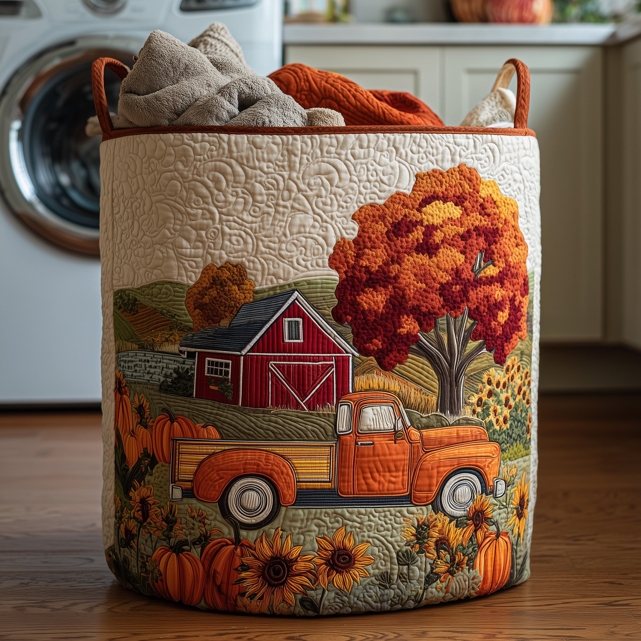 Fall At The Farm Quilted Laundry Basket Fall Themed Fabric Clothes Hamper Gift For Enthusiasts