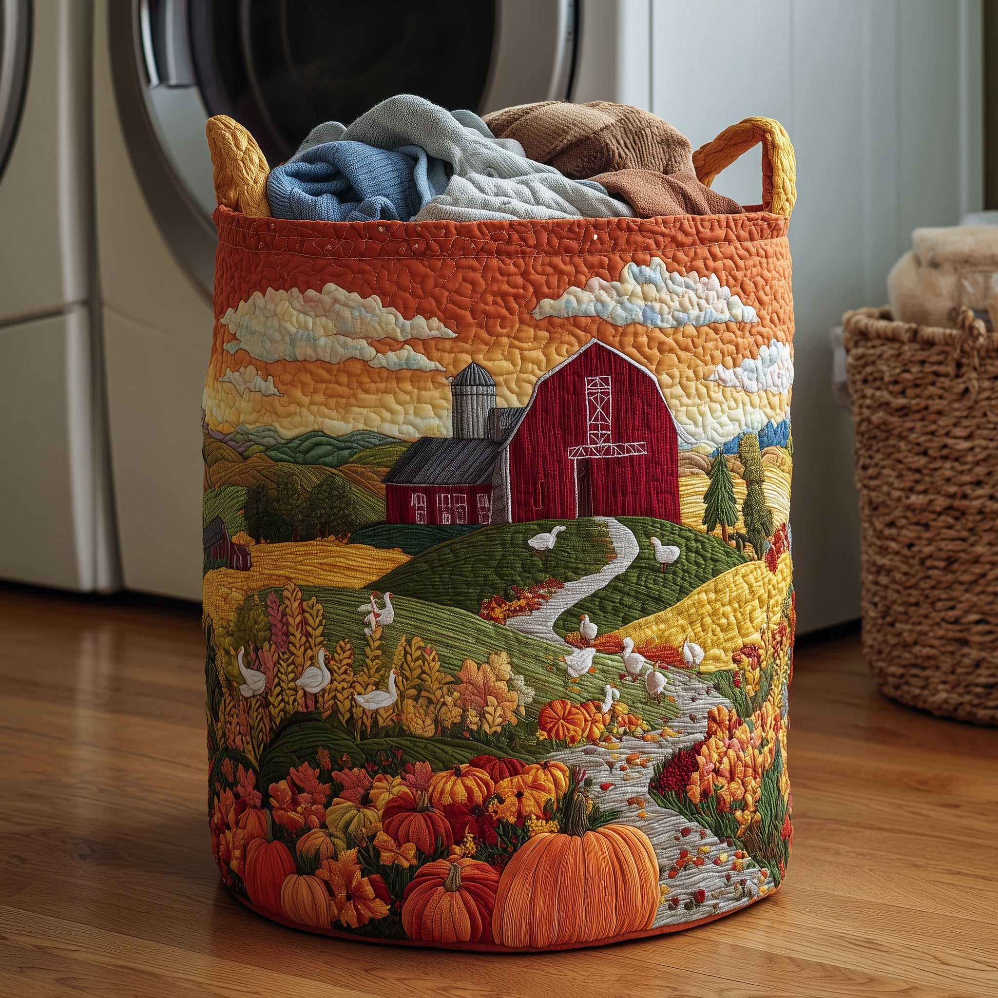 Fall At The Farm Quilted Laundry Basket Fall Themed Fabric Clothes Hamper Gift For Families