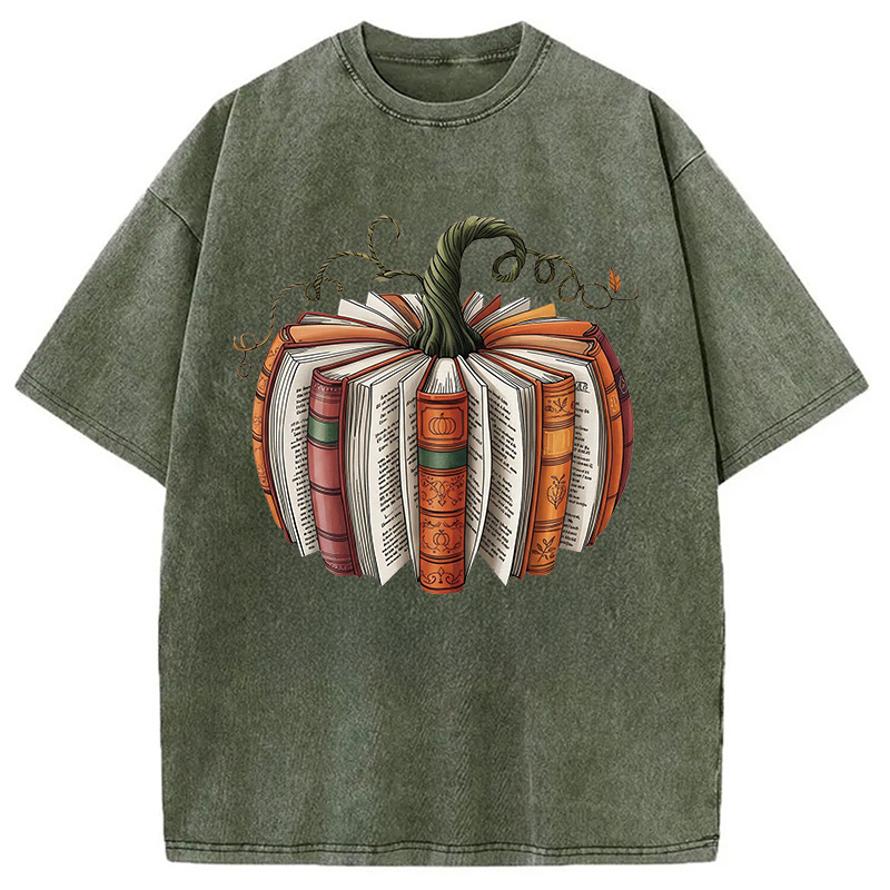 Fall Book Pumpkin Halloween Washed T-Shirt Unique Aesthetic Fashion Tee Gifts For Her
