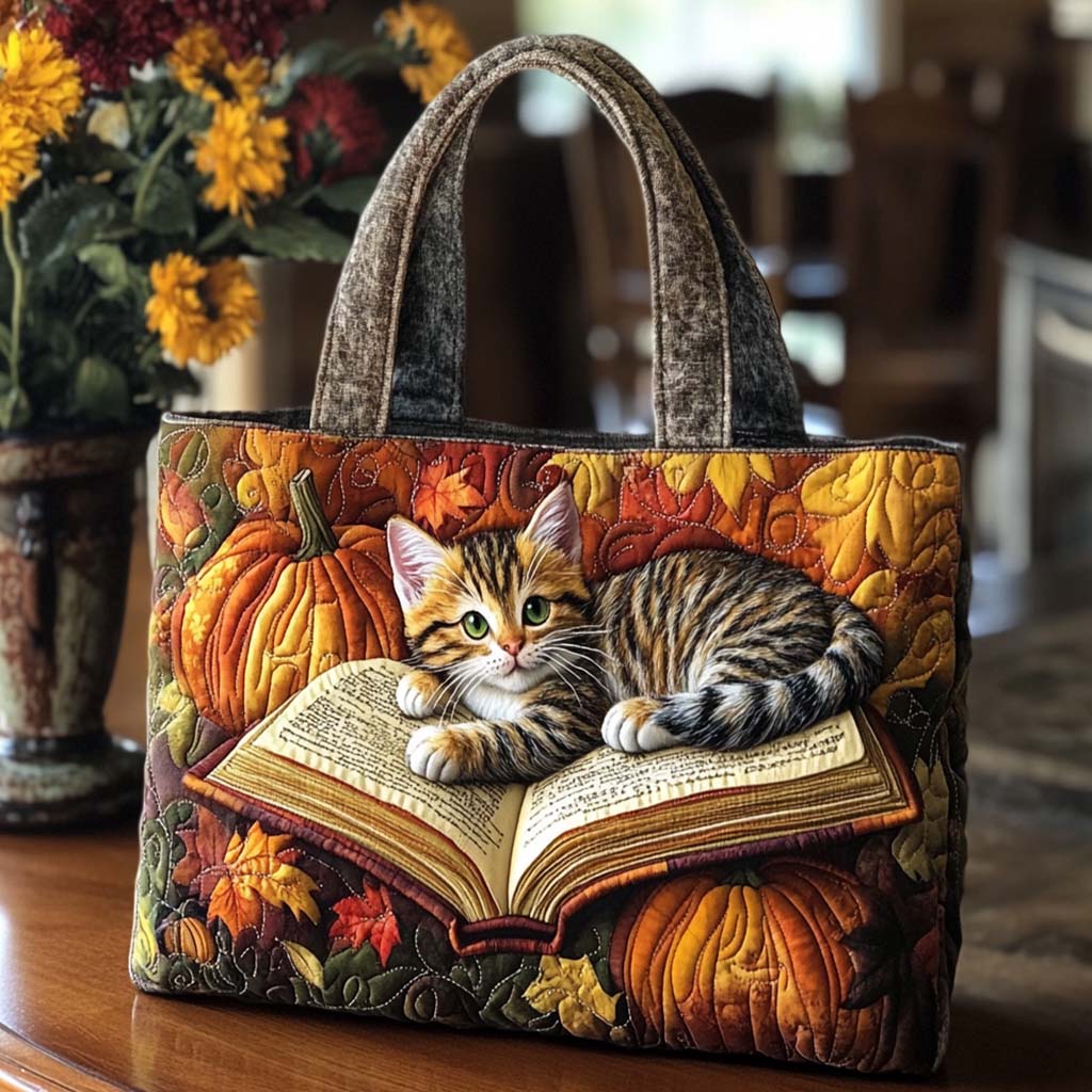 Fall Cat Whiskers Quilted Tote Bag Xmas Gift For Cat