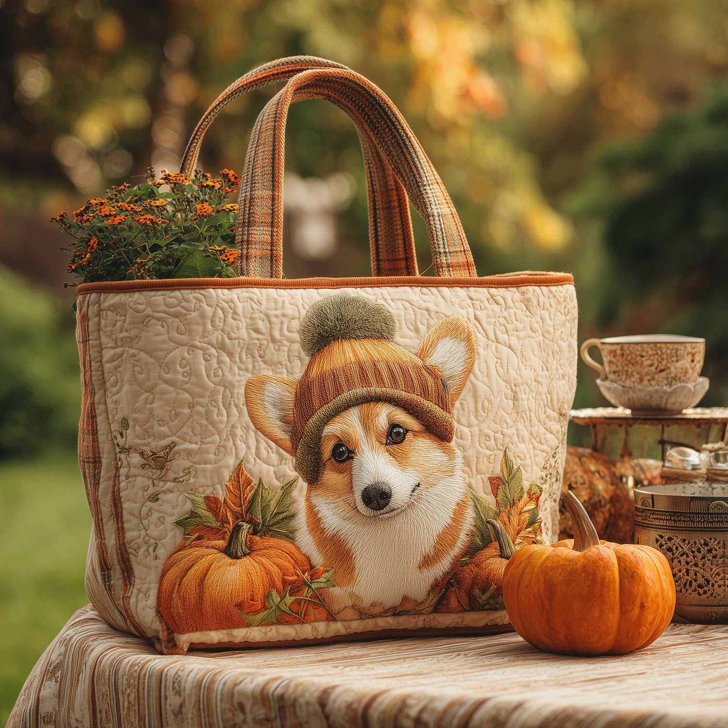 Fall Corgi Joy Quilted Tote Bag Top Gifts For Dog Lovers