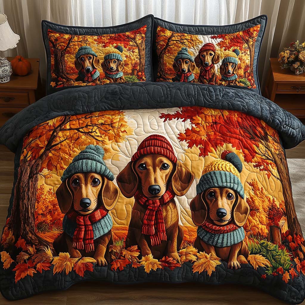 Fall Doxie Quilted Bedding Set Holiday Duvet Covers Sausage Dog Merchandise
