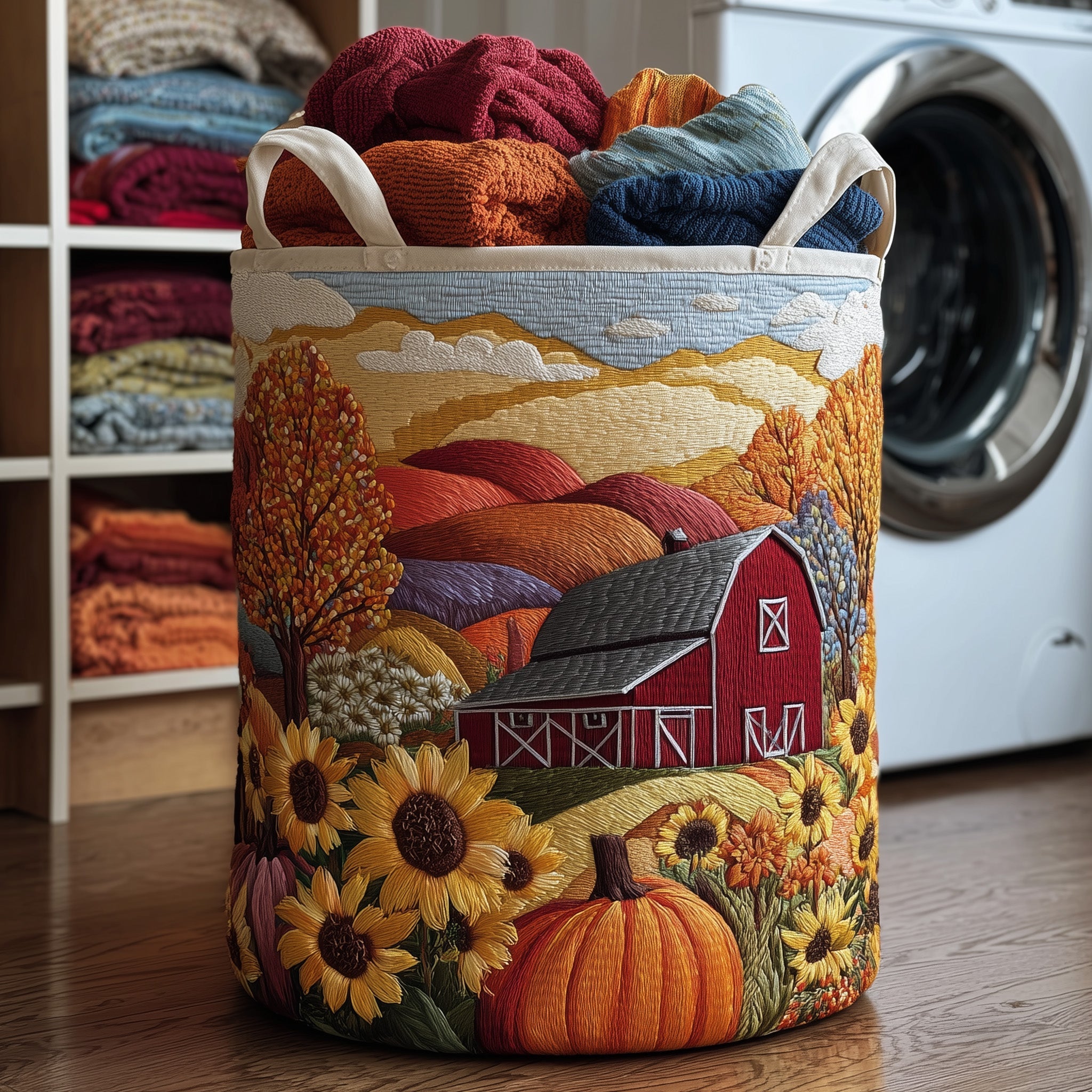 Fall Farm Quilted Laundry Basket Pretty Gift For Pumpkin Collectors